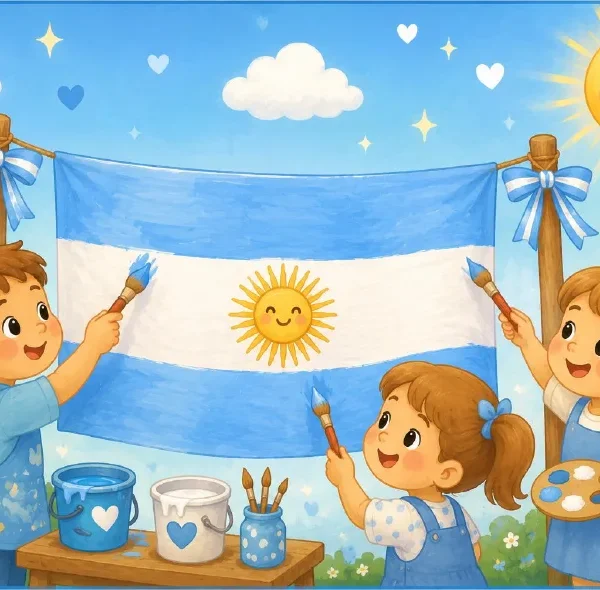 Chicos con la Bandera Argentina bajo el sol