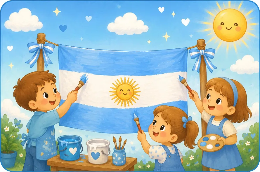 Chicos con la Bandera Argentina bajo el sol
