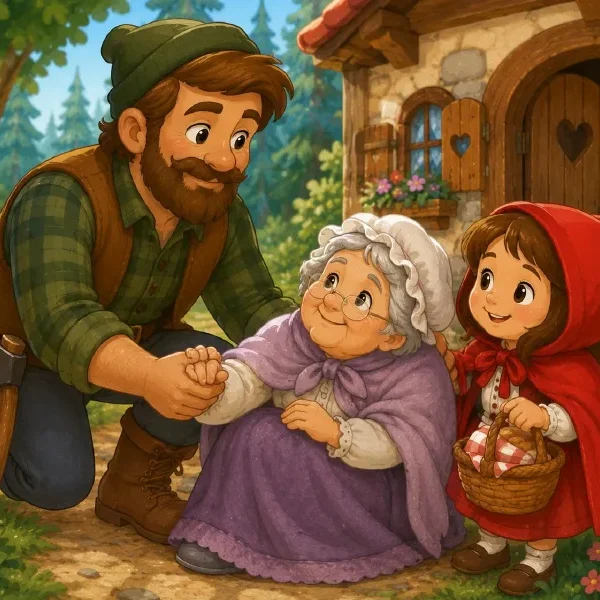 Escena de Caperucita Roja con la abuela y el leñador