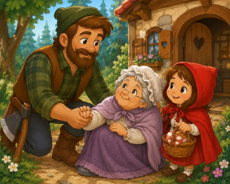 Escena de Caperucita Roja con la abuela y el leñador