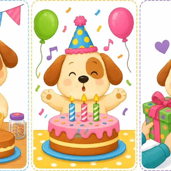 Perritos festejando con torta de cumpleaños