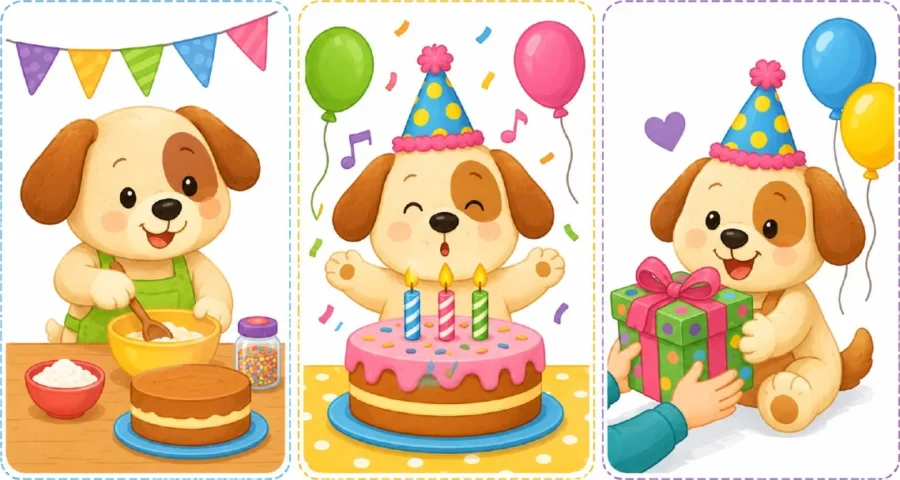 Perritos festejando con torta de cumpleaños