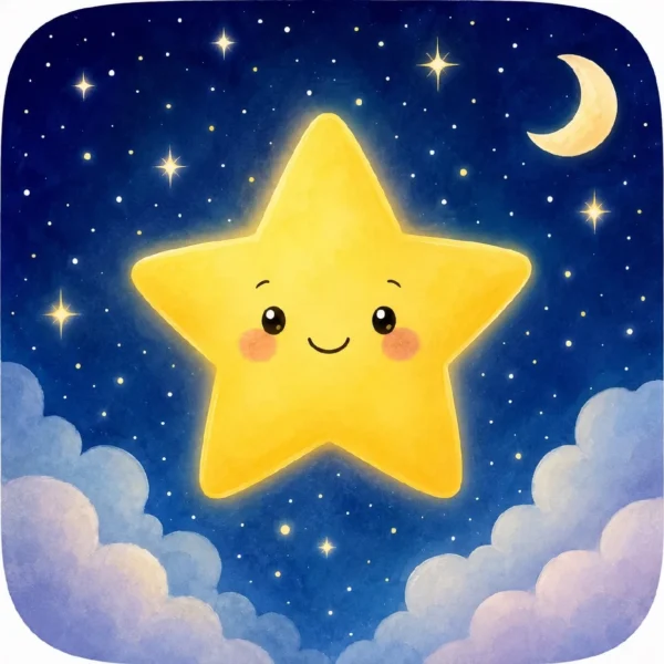 Estrellita sonriente en un cielo de noche con luna y nubes