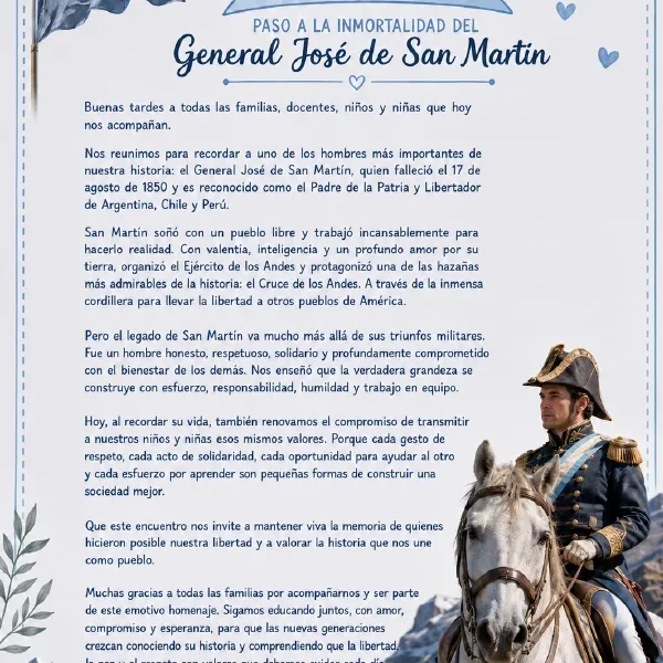 Palabras alusivas del 17 de agosto con San Martín a caballo