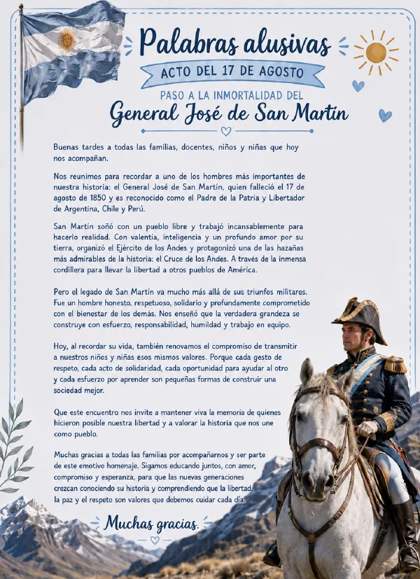 Palabras alusivas del 17 de agosto con San Martín a caballo